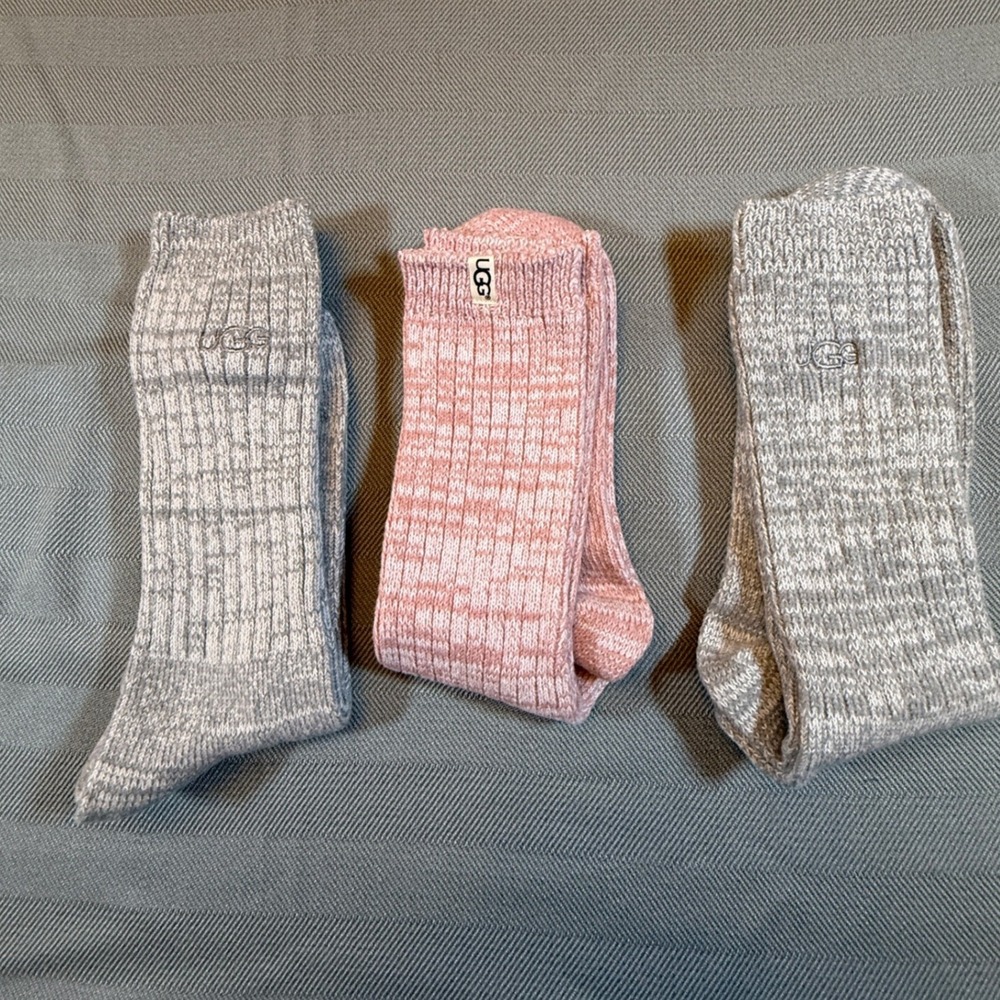 UGG Crew Socks Bundle 3 Pairs Grey Pink Marled Knit Ribbed Logo Cozy Loungewear
